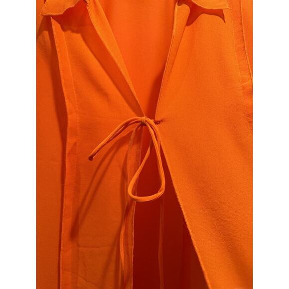 WEEKDAY Willow Chiffon Blouse Bright Orange Sheer Tie Front Resort Top Travel - Picture 5 of 12